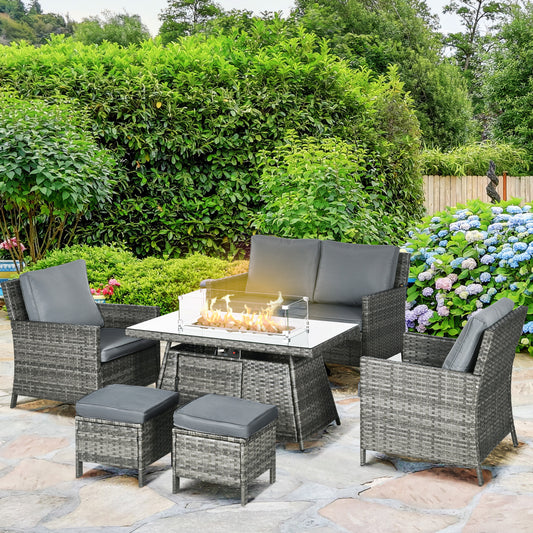 50,000 BTU Gas Fire Pit Patio Set, PE Rattan Sofa & Dining Table, Grey Patio Furniture Sets Multi Colour  at Gallery Canada