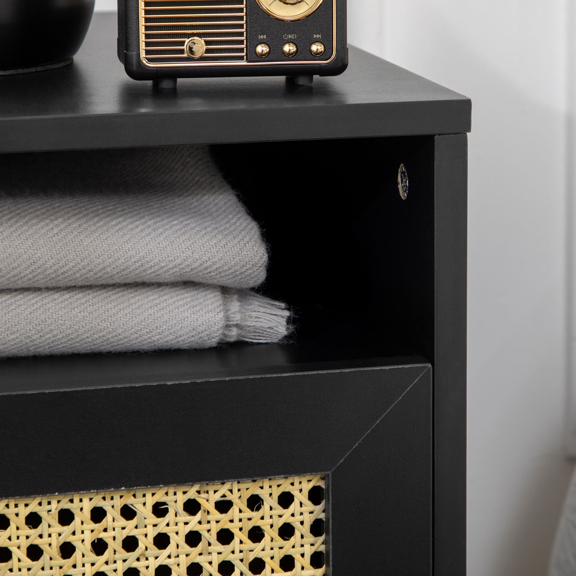 Bedside Table with Rattan Element, Side End Table with Shelf and Cupboard, 15.4"x13.8"x23.6", Black Bedside Tables   at Gallery Canada