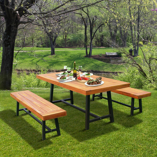 71'' Outdoor Picnic Table and Bench Set, Rustic Acacia Wood Beer Table Set for Patio, Backyard, Poolside, Natural Red Wood - Gallery Canada