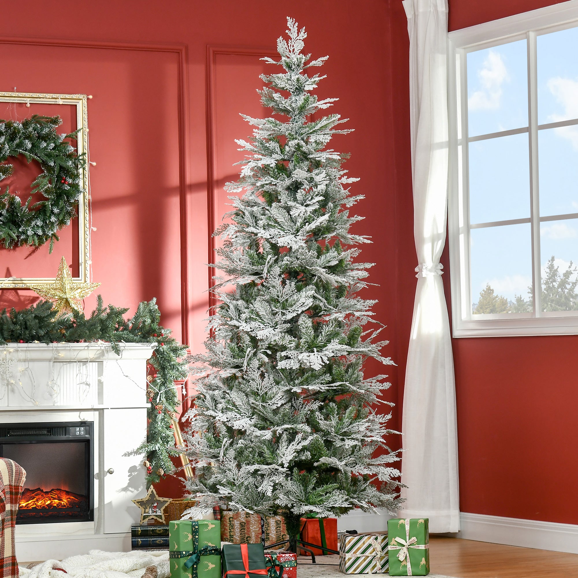 7.5 Feet Pencil Snow Flocked Artificial Christmas Tree with 880 Realistic Cypress Branches, Auto Open, Green Pencil Christmas Trees   at Gallery Canada