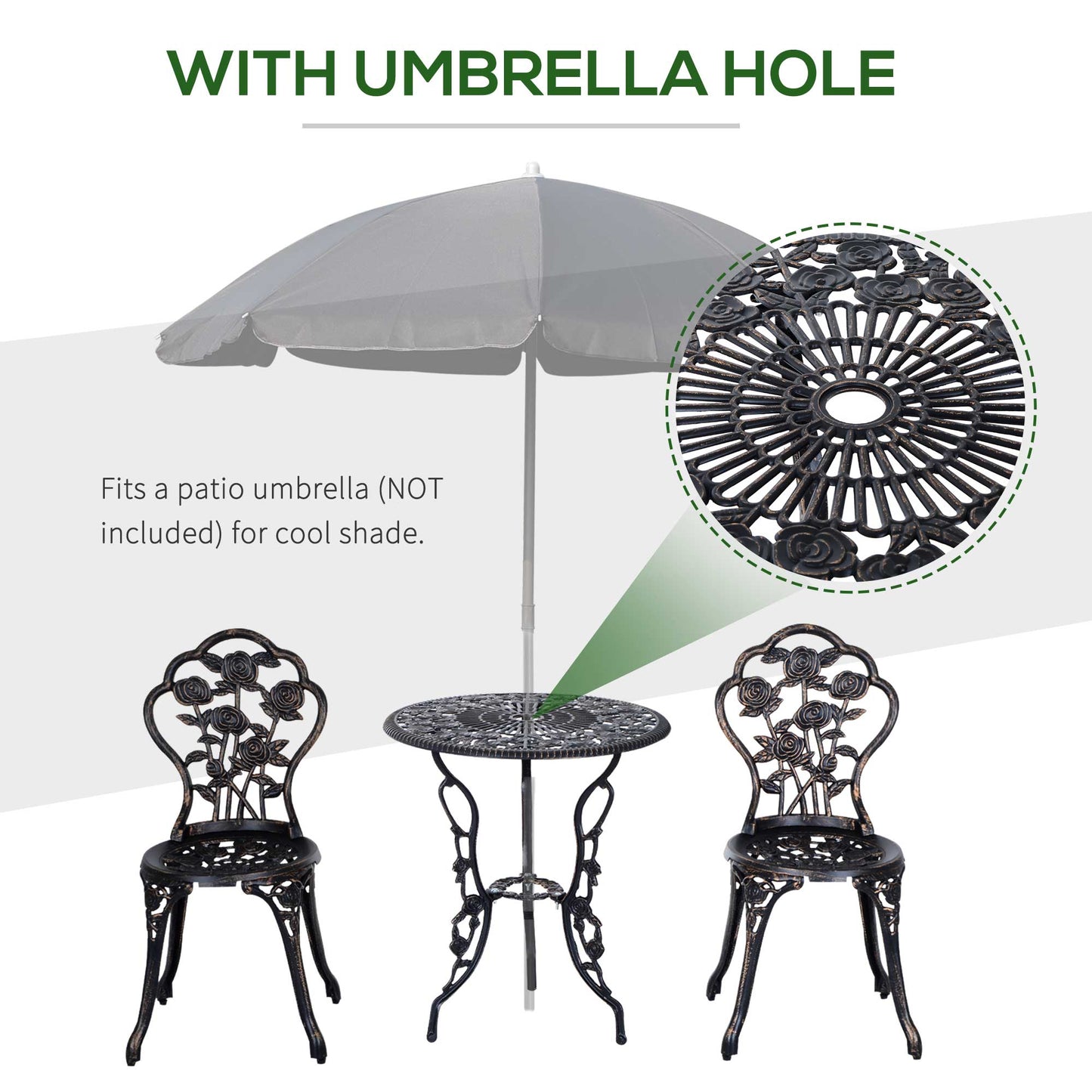 3PCs Patio Bistro Set, Outdoor Cast Aluminum Garden Table and Chairs with Umbrella Hole for Balcony, Bronze Bistro Sets   at Gallery Canada