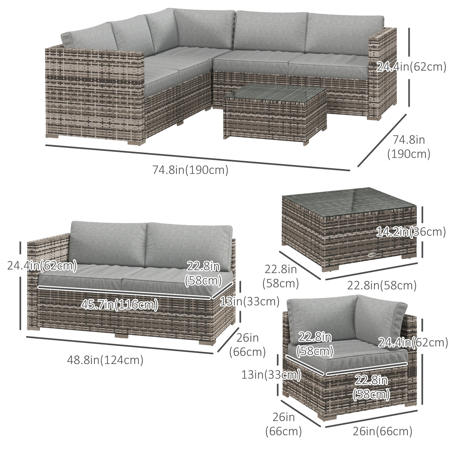 4 Pieces Rattan Wicker Outdoor Conversation Furniture Set w/ Corner Sofa Loveseats Coffee Table Cushions, Mixed Grey Patio Furniture Sets   at Gallery Canada