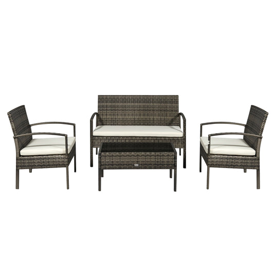 4 Pieces Patio Furniture Sets with A Loveseat, Two Armchairs and A Coffee Table, Outdoor Conversation Set with Glass Top Table, Grey PE Rattan and Cream White Cushions - Gallery Canada