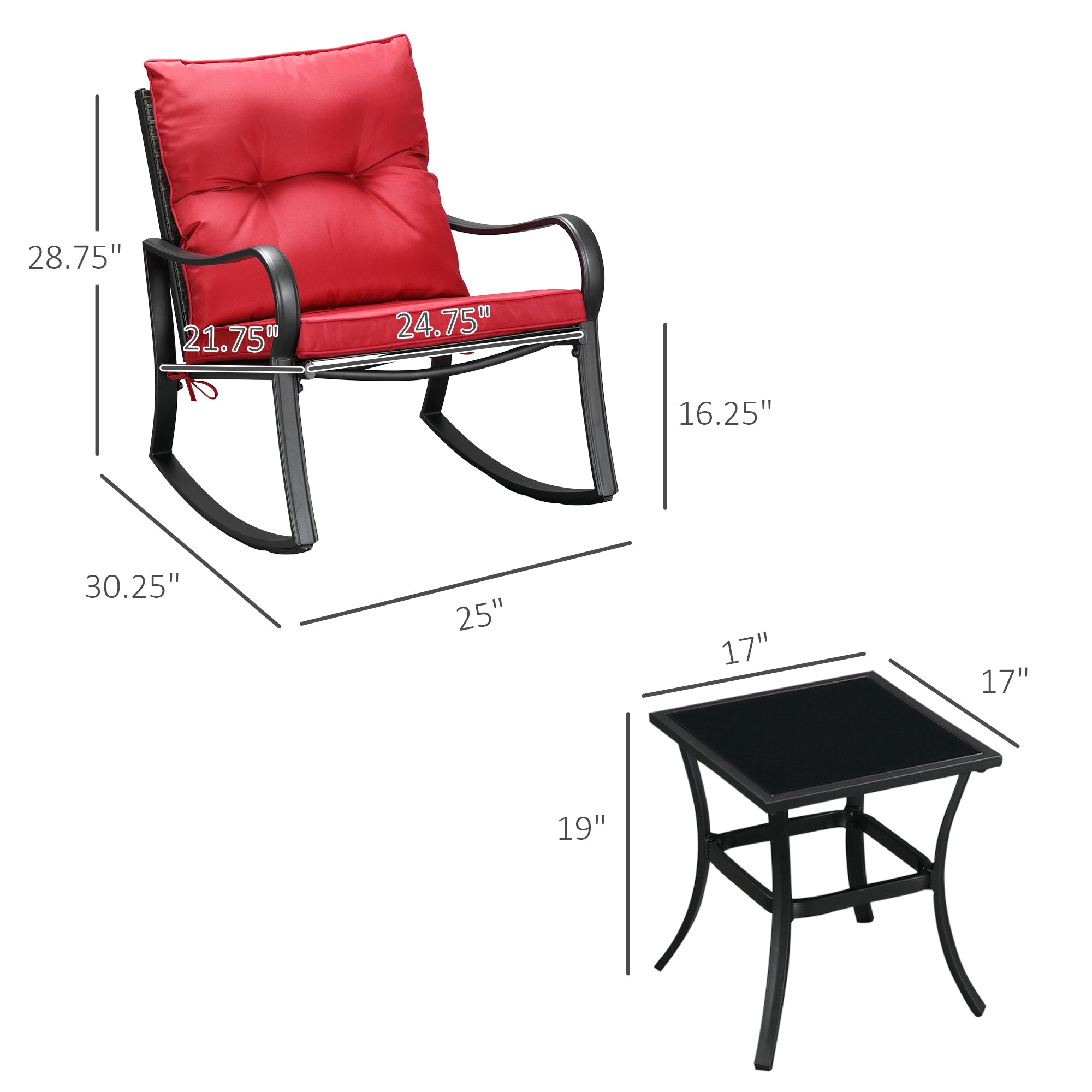 3-Piece Patio Wicker Rocking Chair Set with Cushions and Table, Red Outdoor Rocking Chairs   at Gallery Canada