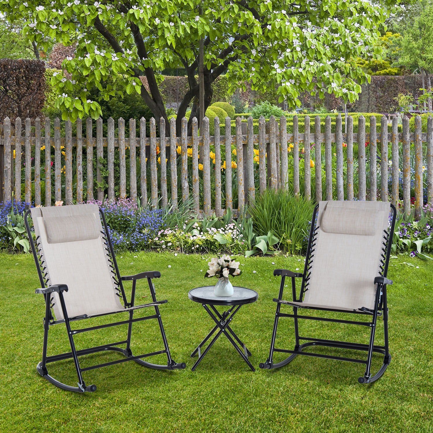 Foldable Patio Rocking Chair Set with Table, Mesh Seat & Headrest, Cream Outdoor Rocking Chairs   at Gallery Canada