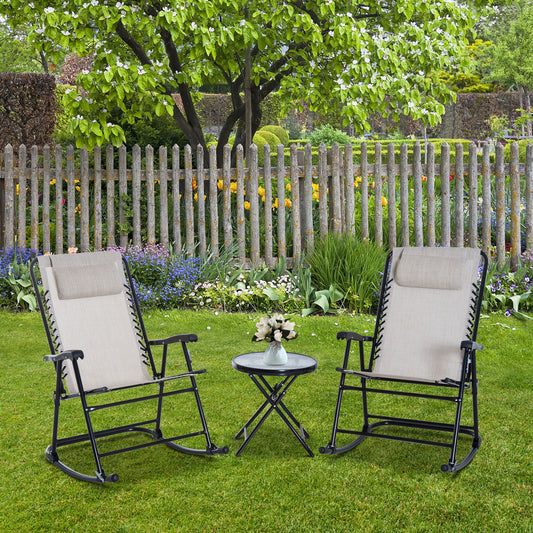 Foldable Patio Rocking Chair Set with Table, Mesh Seat & Headrest, Cream Outdoor Rocking Chairs Cream  at Gallery Canada