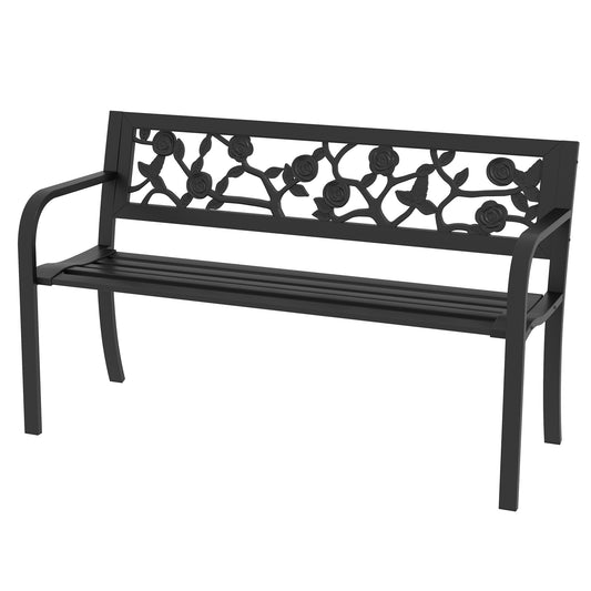 50" Outdoor Bench, Metal Frame Patio Loveseat with Floral Pattern Backrest, Cured Armrest, for Conservatory, Garden, Poolside, Deck, Black - Gallery Canada