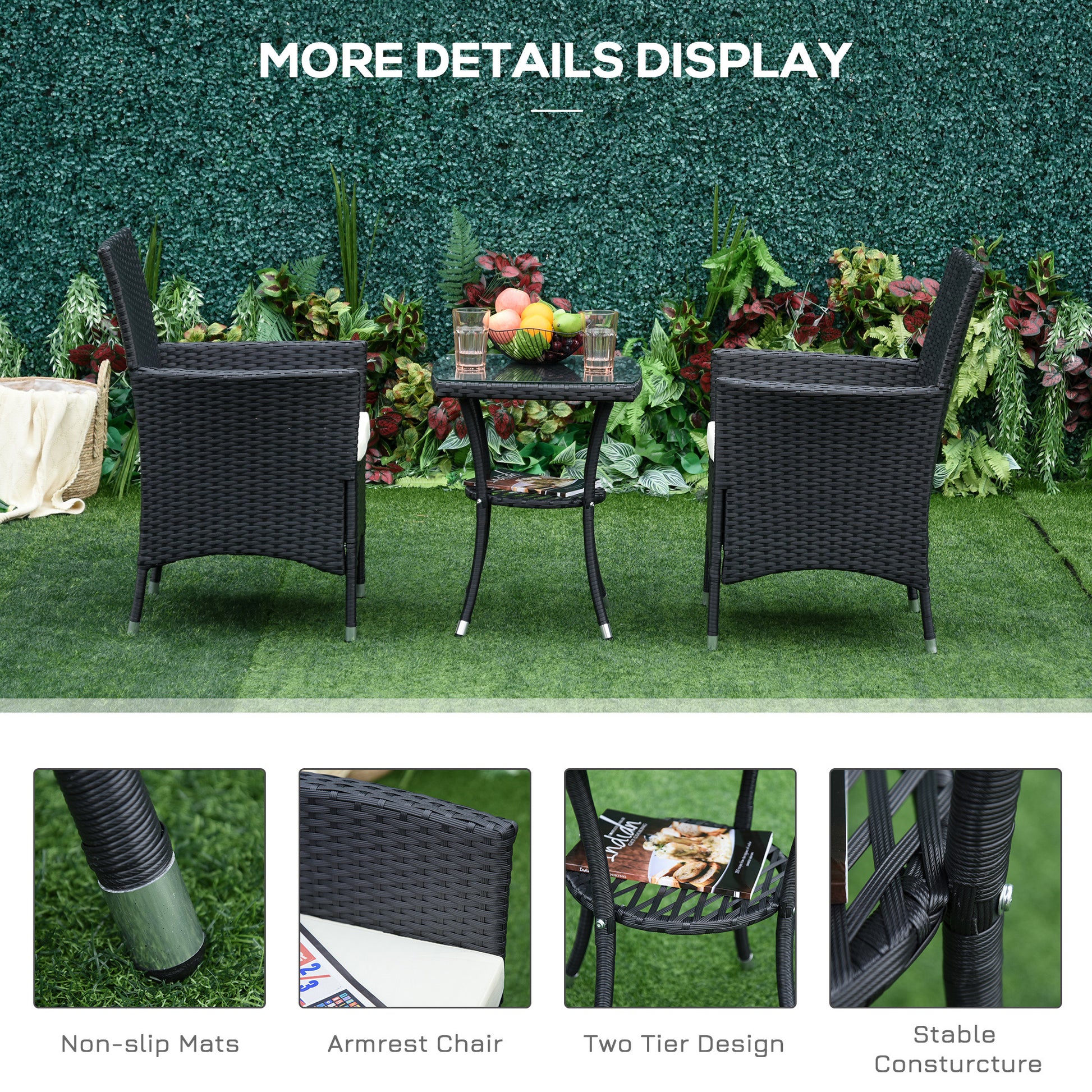 3 Pieces Patio Bistro Set, Outdoor PE Rattan Porch Furniture with Two Armchairs, Glass Top Coffee Table, Black Bistro Sets   at Gallery Canada