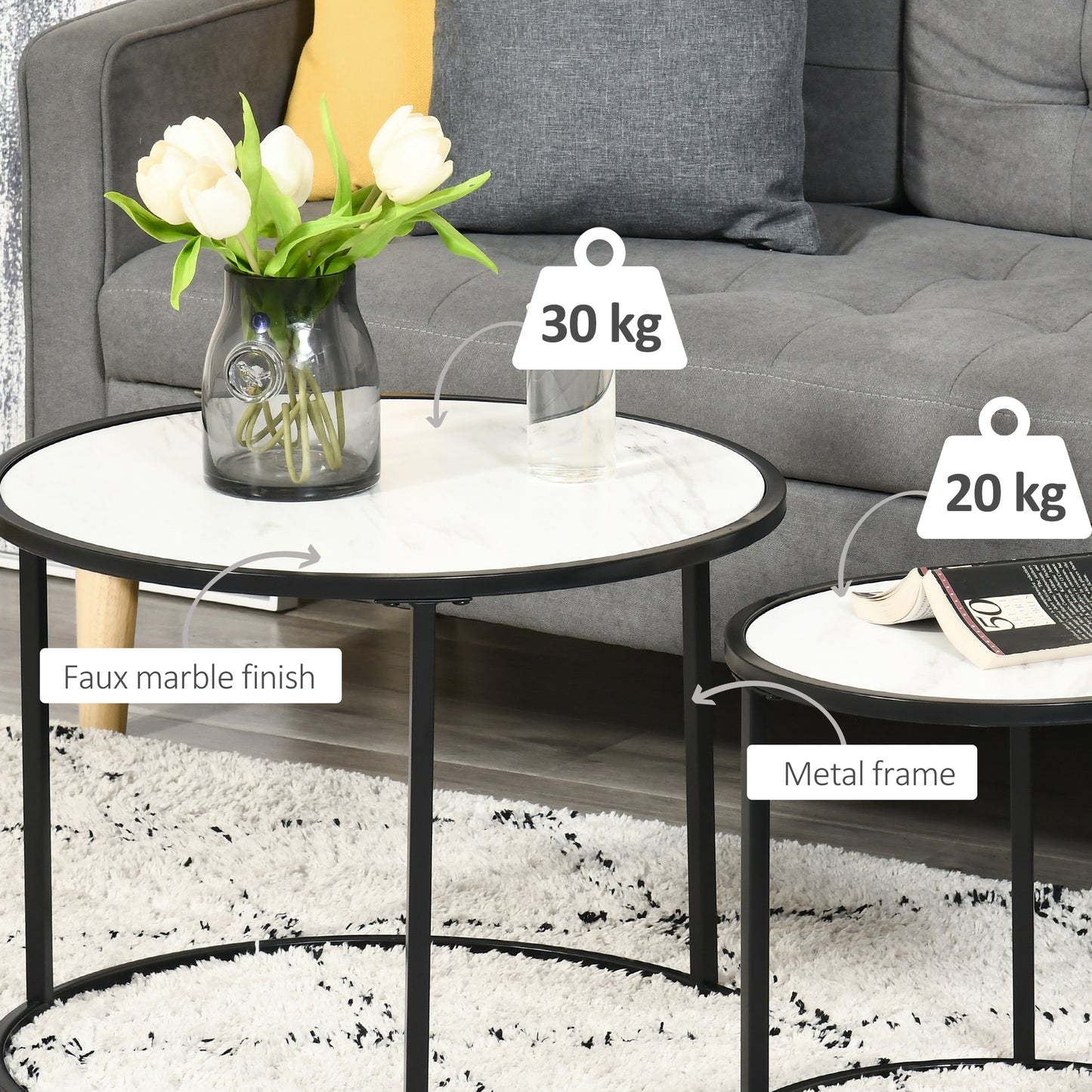 Round Nesting Coffee Table Set of 2, Stacking Modern Accent Tables with Faux Marble Tabletop and Metal Frame for Living Room, White Coffee Tables   at Gallery Canada