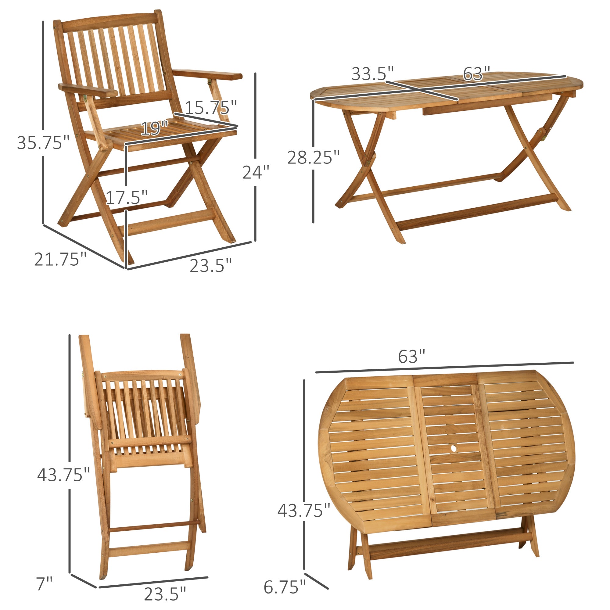 7 Piece Wood Patio Dining Set for 6, Dining Table and Chairs Set with Umbrella Holes, Folding Outdoor Patio Furniture, Teak Outdoor Dining Sets   at Gallery Canada