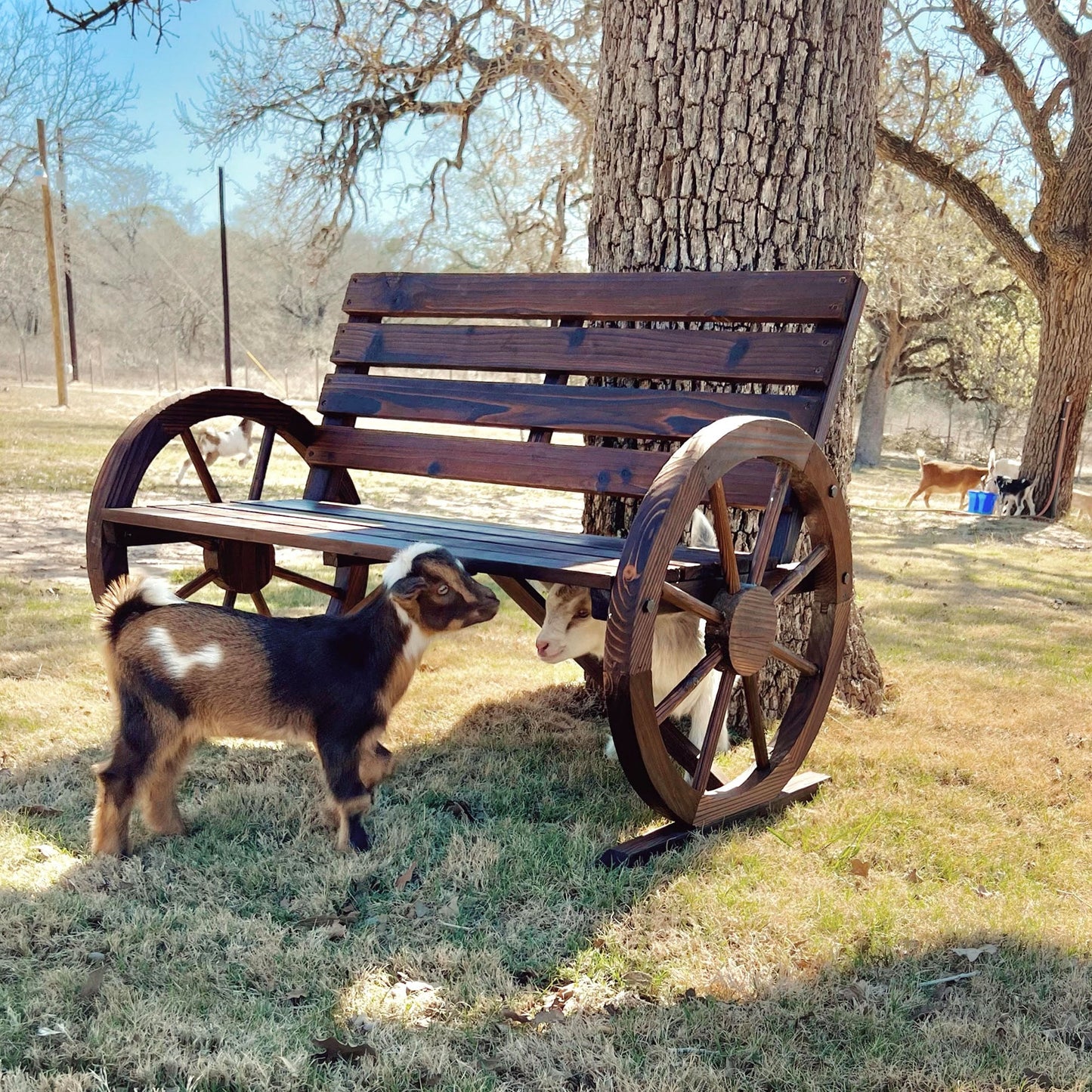 42" Wood Wagon Wheel Bench Garden Loveseat Rustic Seat Relaxing Lounge Chair Outdoor Decorative Seat Park Decor, Brown Outdoor Benches   at Gallery Canada