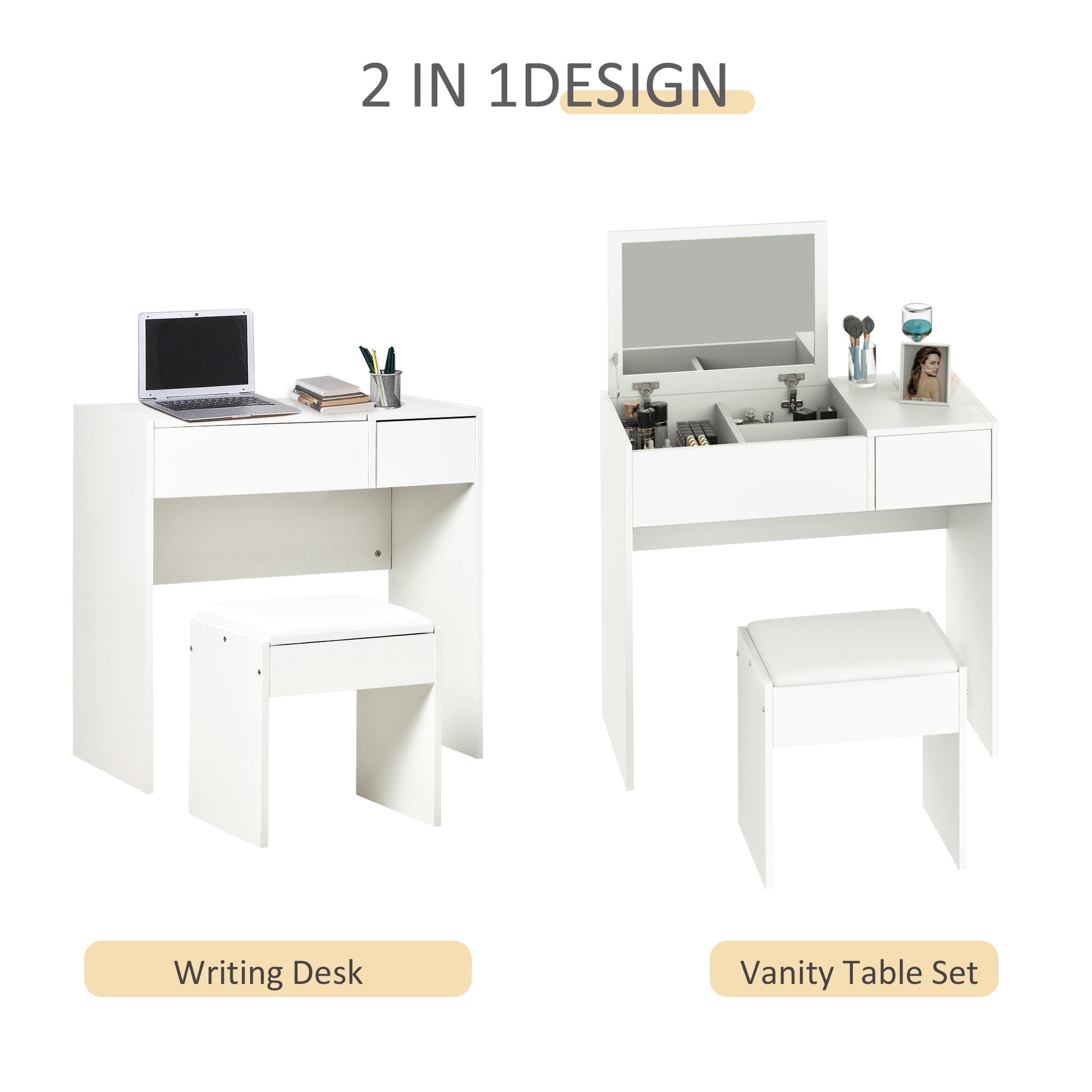 Vanity Table Set with Flip Top Mirror and Cushioned Stool, Makeup Table Dresser Desk with Drawer and Storage Grids for Bedroom, White Dressing & Vanity Tables   at Gallery Canada