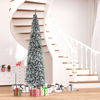 9ft Snow Flocked Pencil Christmas Tree Artificial Slim Xmas Tree with Realistic Branch Tips Folding Metal Stand Pencil Christmas Trees   at Gallery Canada