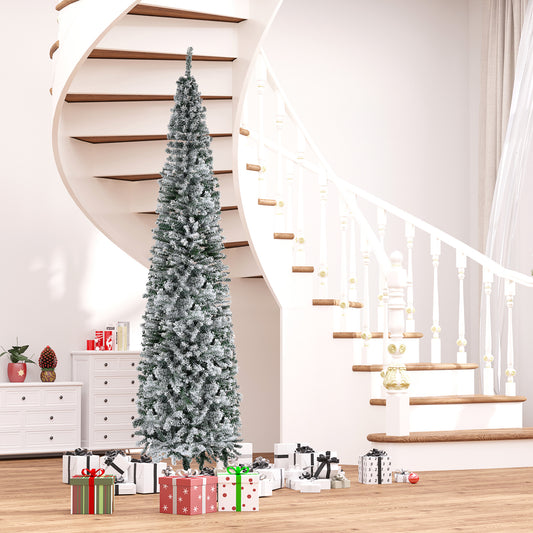 9ft Snow Flocked Pencil Christmas Tree Artificial Slim Xmas Tree with Realistic Branch Tips Folding Metal Stand Pencil Christmas Trees Green  at Gallery Canada