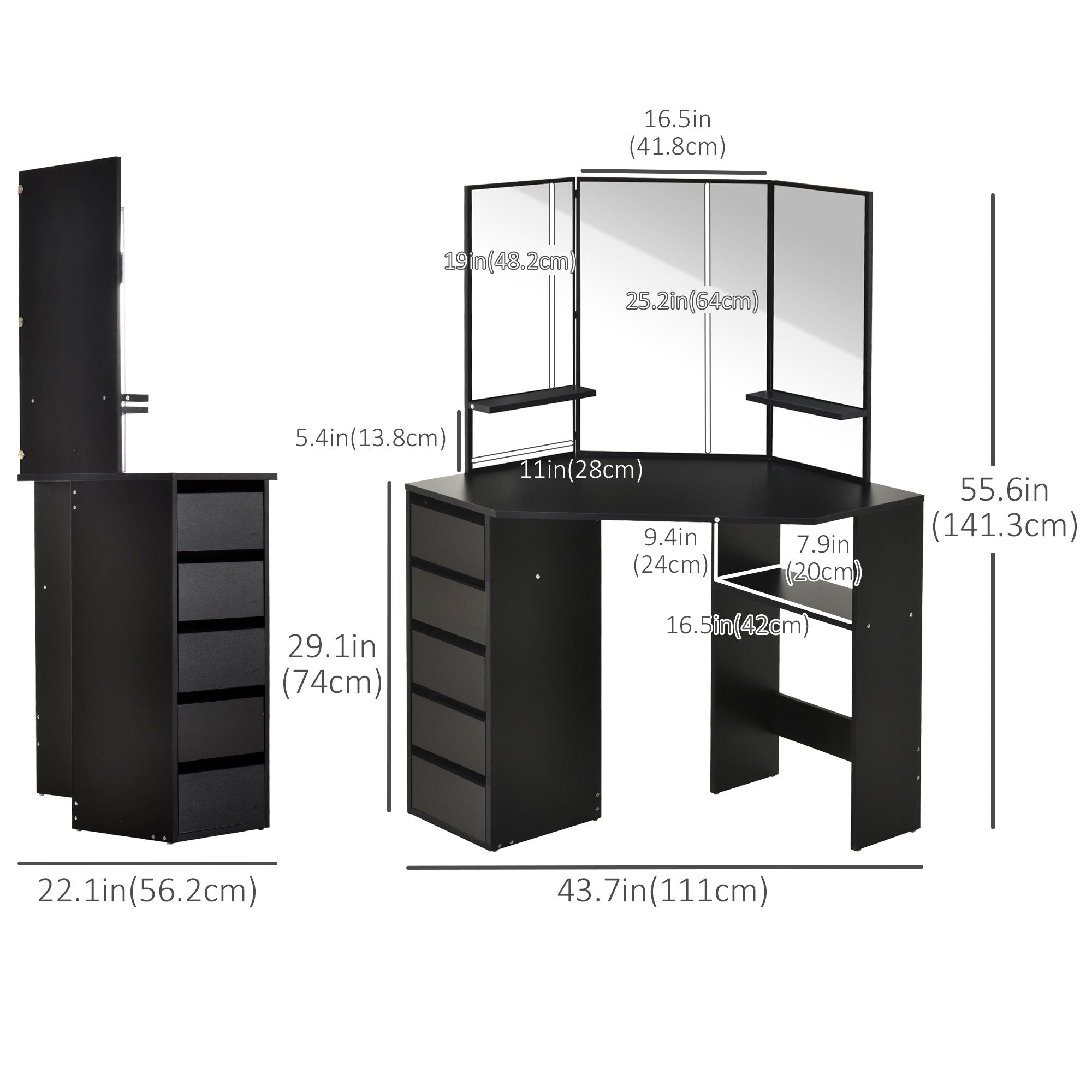 Corner Vanity Table, Makeup Desk with Tri-Fold Mirror and 5 Drawers, Black Dressing & Vanity Tables   at Gallery Canada