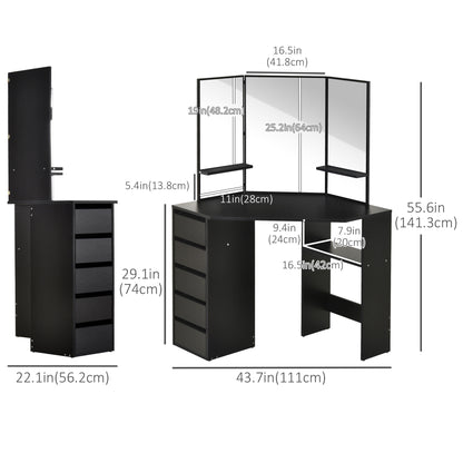 Corner Vanity Table, Makeup Desk with Tri-Fold Mirror and 5 Drawers, Black Dressing & Vanity Tables   at Gallery Canada