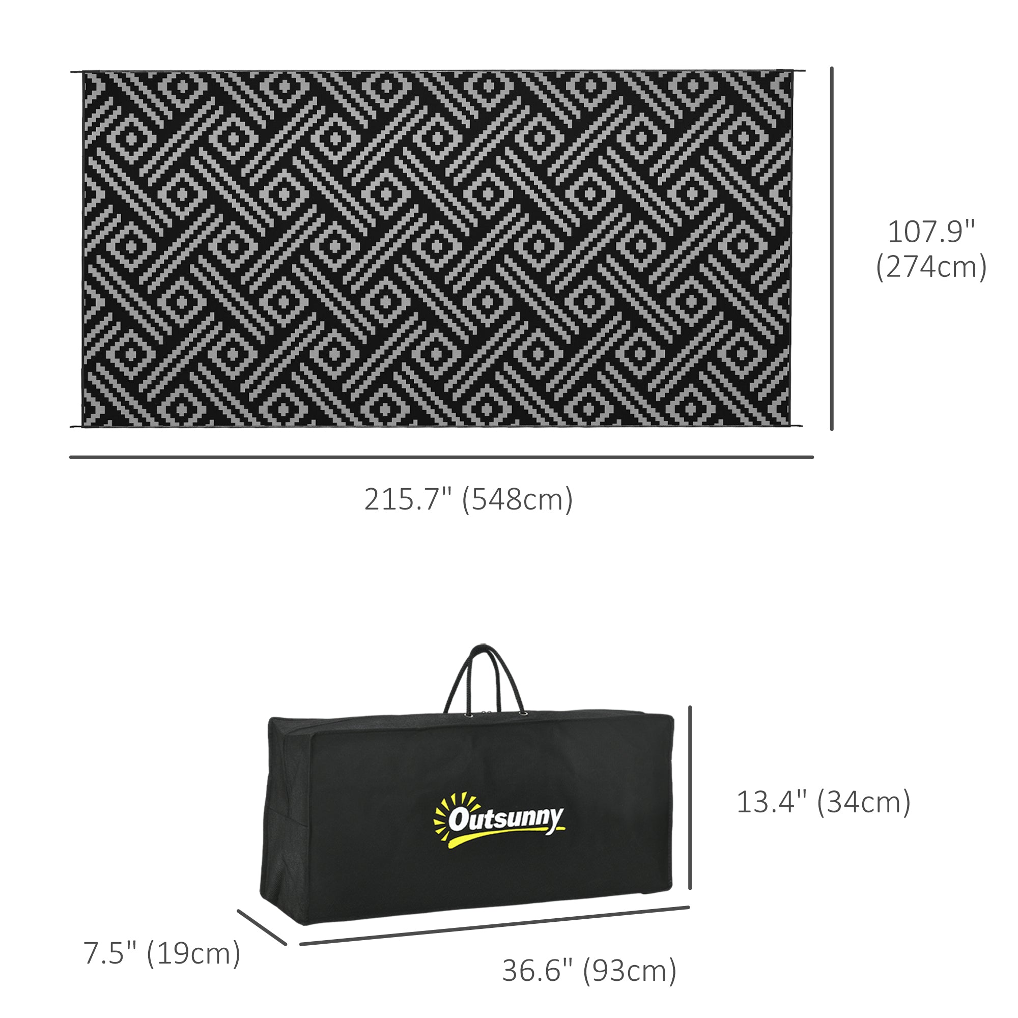 Reversible Outdoor Rug Waterproof Plastic Straw RV Rug with Carry Bag, 9' x 18', Black and Grey Geometric Outdoor Reversible Rugs   at Gallery Canada