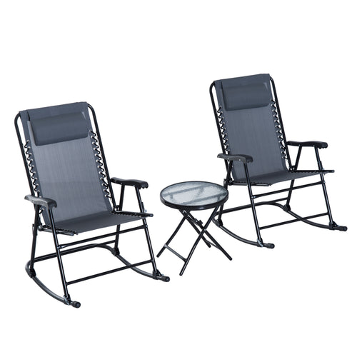 Foldable 3pc Patio Rocking Chair Set with Table, Mesh Seat & Padded Headrest, Grey