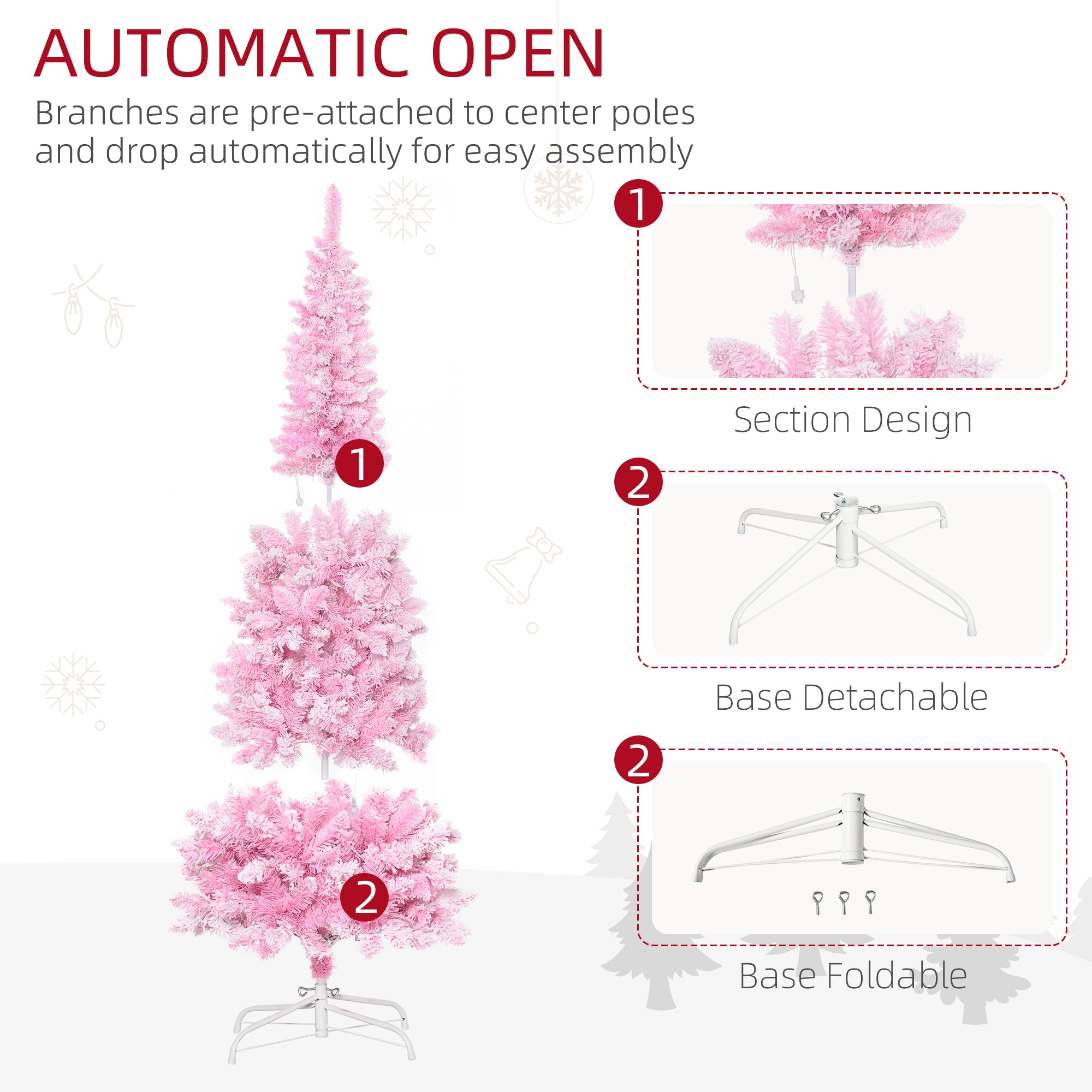 6 Foot Prelit Snow Flocked Artificial Christmas Tree with Pencil Shape, 500 Pine Realistic Branches, Warm White LED lights, Auto Open, Pink and White Pre Lit Christmas Trees   at Gallery Canada