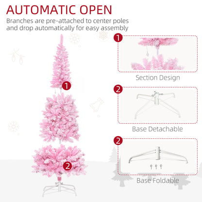 6 Foot Prelit Snow Flocked Artificial Christmas Tree with Pencil Shape, 500 Pine Realistic Branches, Warm White LED lights, Auto Open, Pink and White Pre Lit Christmas Trees   at Gallery Canada