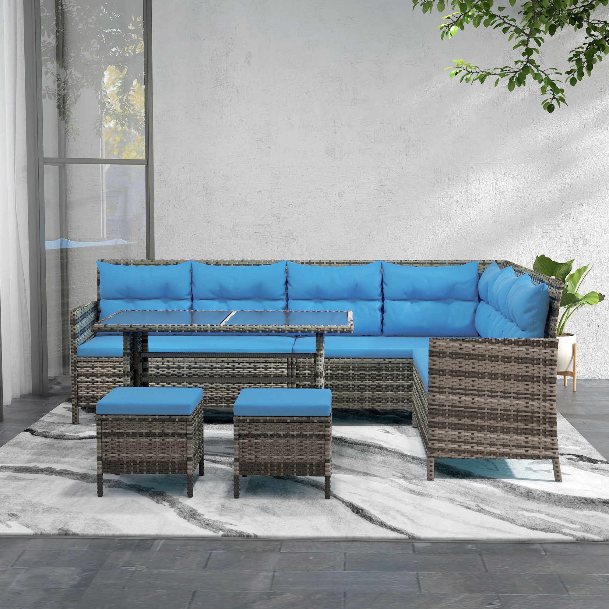 6pcs Outdoor Rattan Sofa Set Garden Wicker Sectional Couch Furniture Set with Dining Table and Chair Blue Patio Furniture Sets   at Gallery Canada