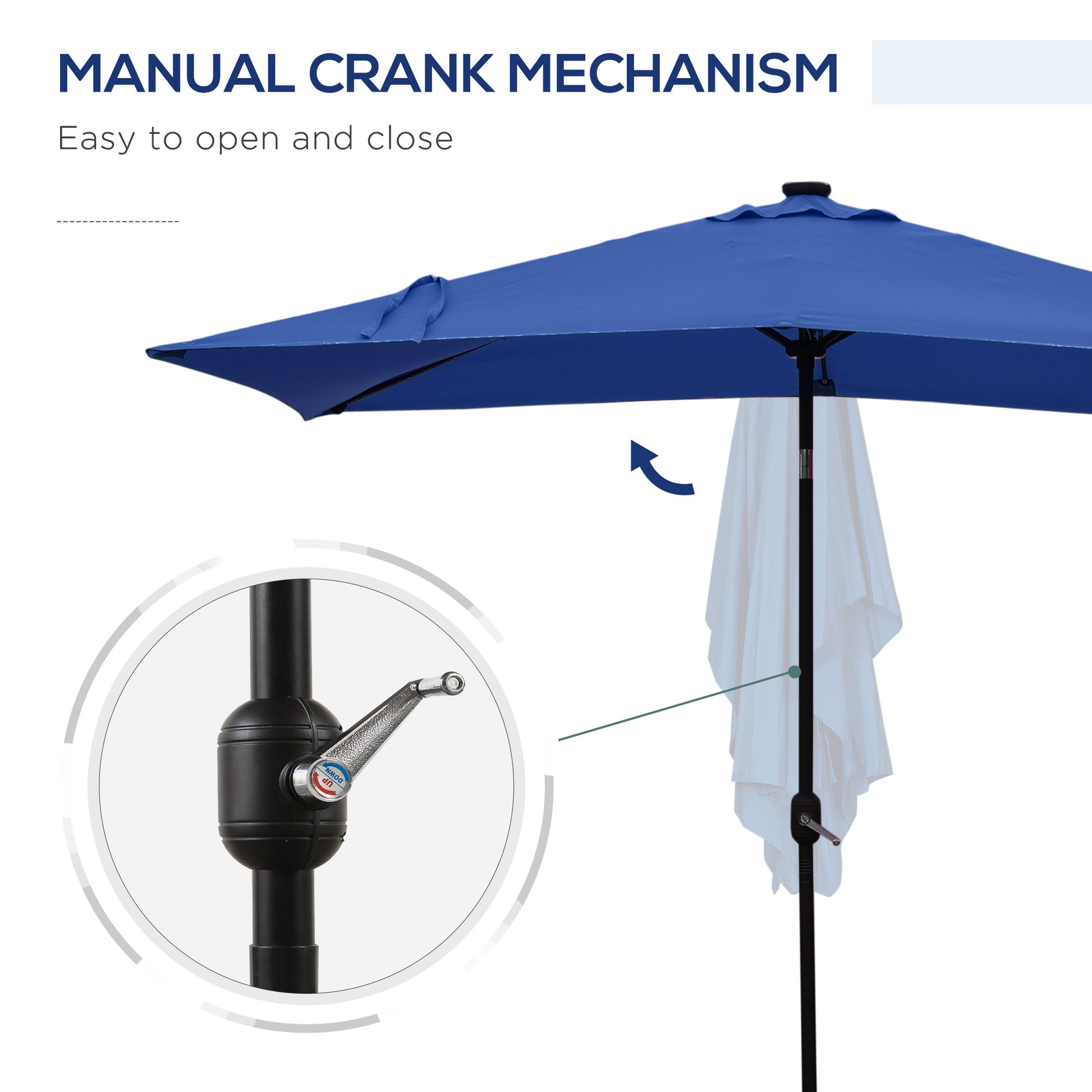 6' x 10' Patio Umbrella with 35 LED Solar Lights and Tilt, Rectangular Outdoor Table Umbrella with Crank, Dark Blue Sun Umbrellas   at Gallery Canada