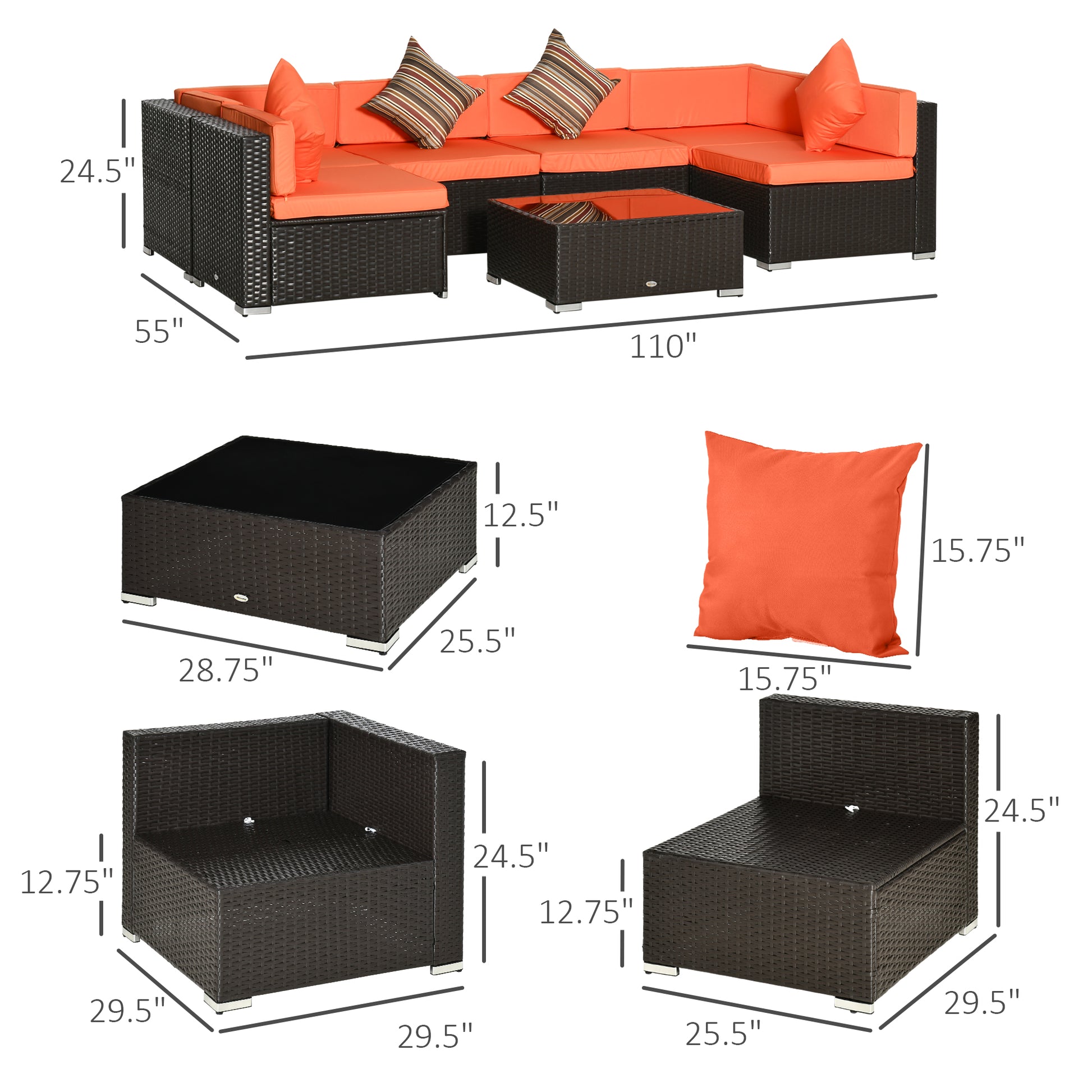 7pcs Garden Wicker Sectional Set w/ Tea Table Patio Rattan Lounge Sofa with Cushion for Outdoor Deck Orange Patio Furniture Sets   at Gallery Canada