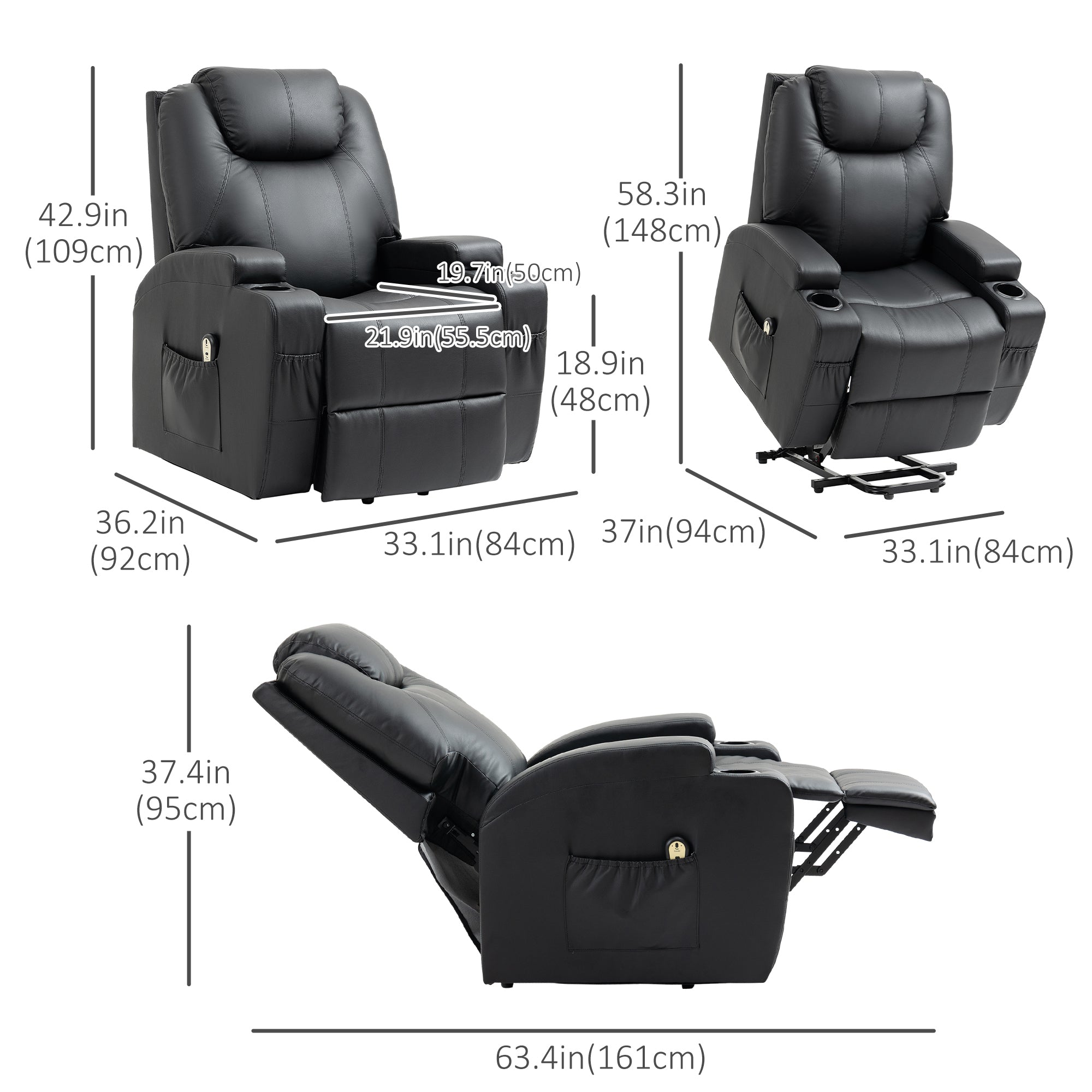 Power Lift Chair for Elderly, PU Leather Recliner Sofa Chair with Footrest, Remote Control, Side Pockets and Cup Holders, Black Electric Power Lift Chairs Black  at Gallery Canada