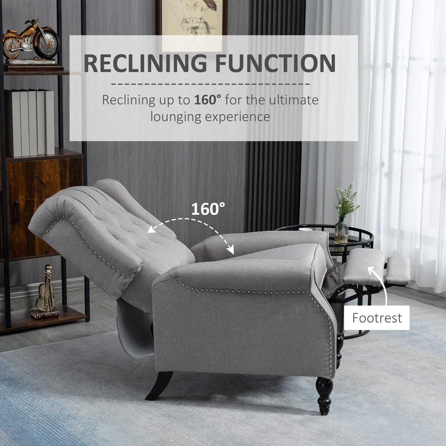 Wingback Reclining Chair with Footrest, Button Tufted Recliner Chair with Rolled Armrests for Living Room, Light Grey Single Sofas   at Gallery Canada