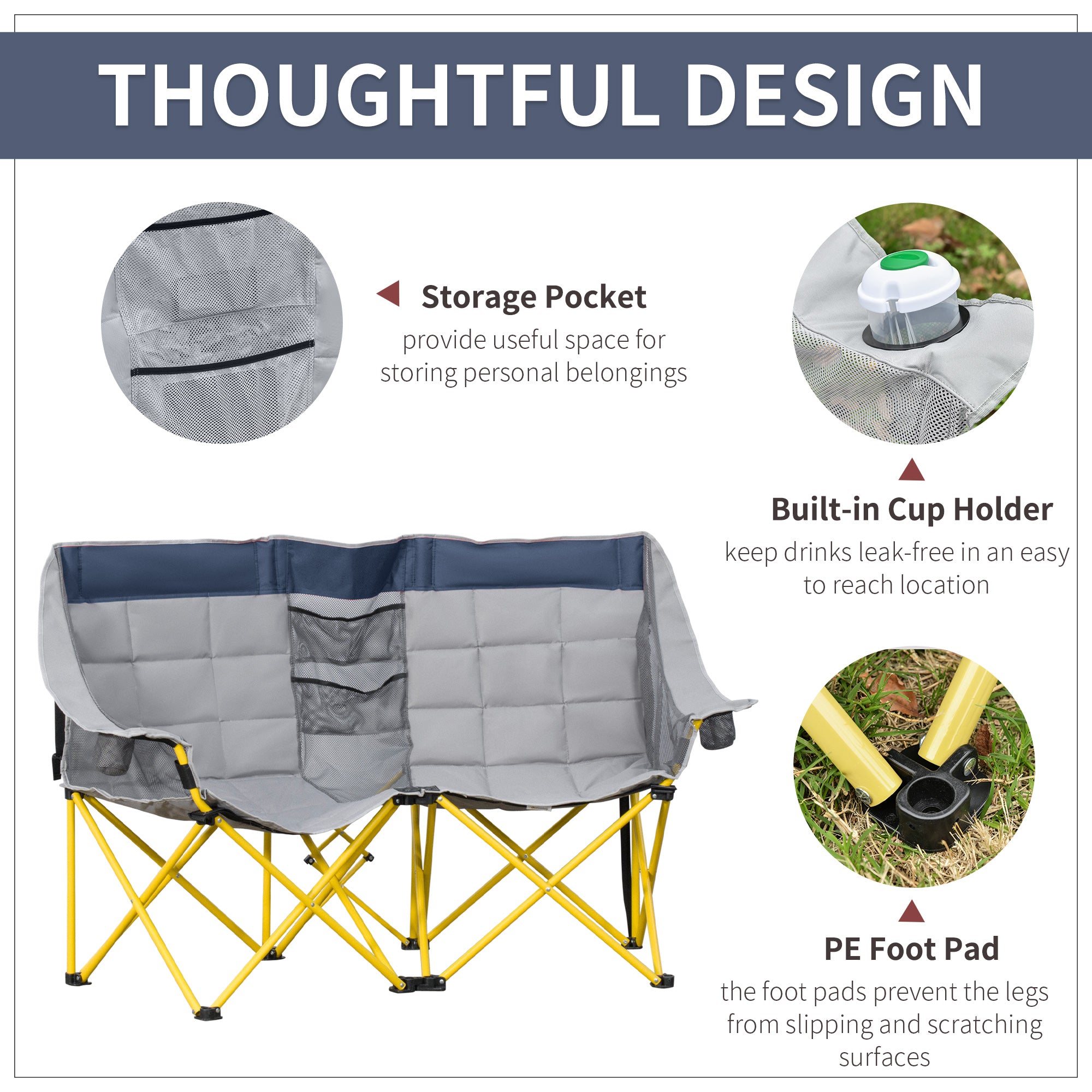 Compact Double Seat Folding Camping Chair with Storage & Cup Holder, Navy Blue Picnic Tables & Camping Chairs   at Gallery Canada