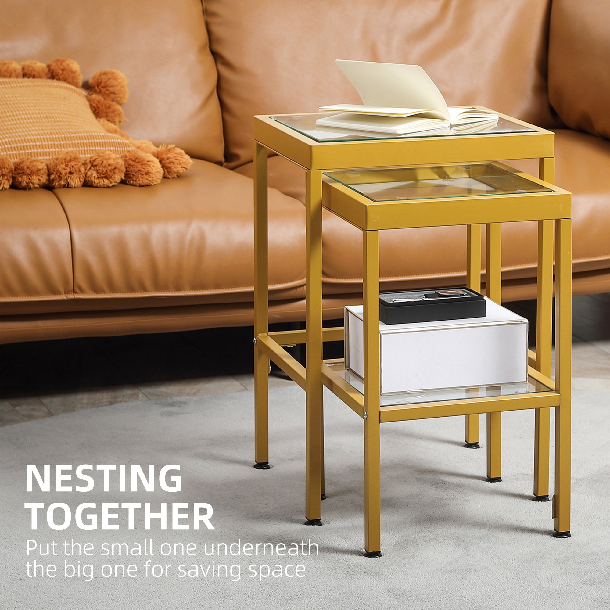 Side Tables, Nesting Tables with Steel Frame and Tempered Glass Tabletop for Living Room, 15.9