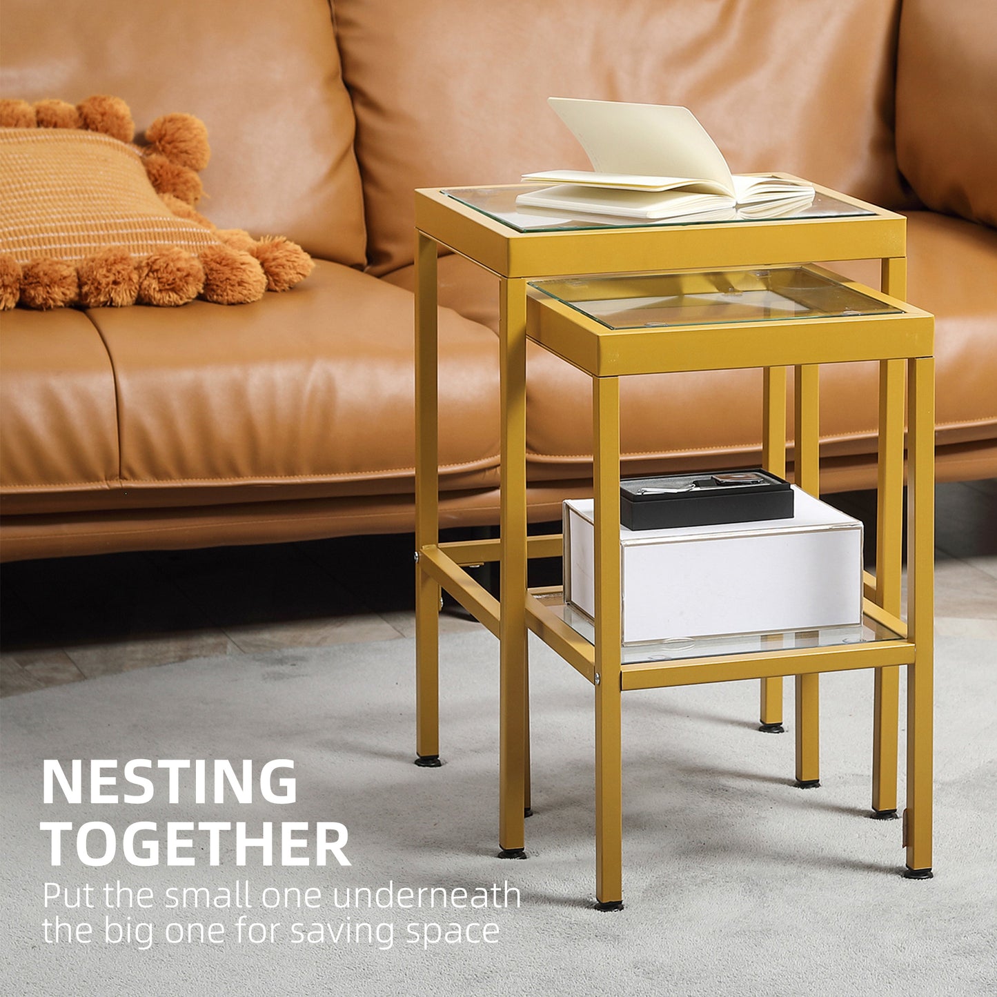 Side Tables, Nesting Tables with Steel Frame and Tempered Glass Tabletop for Living Room, 15.9"x14"x24", Gold Side Tables   at Gallery Canada