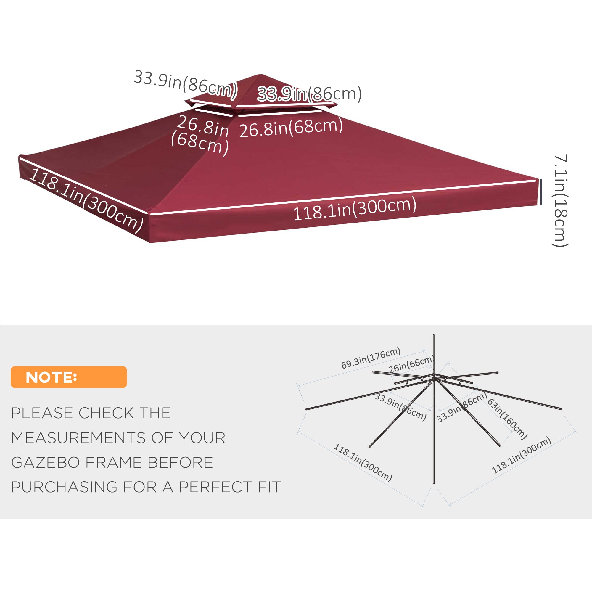 9.8' x 9.8' Square 2-Tier Gazebo Canopy Replacement Top Cover Outdoor Garden Sun Shade, Wine Red Gazebo Canopy Replacement   at Gallery Canada