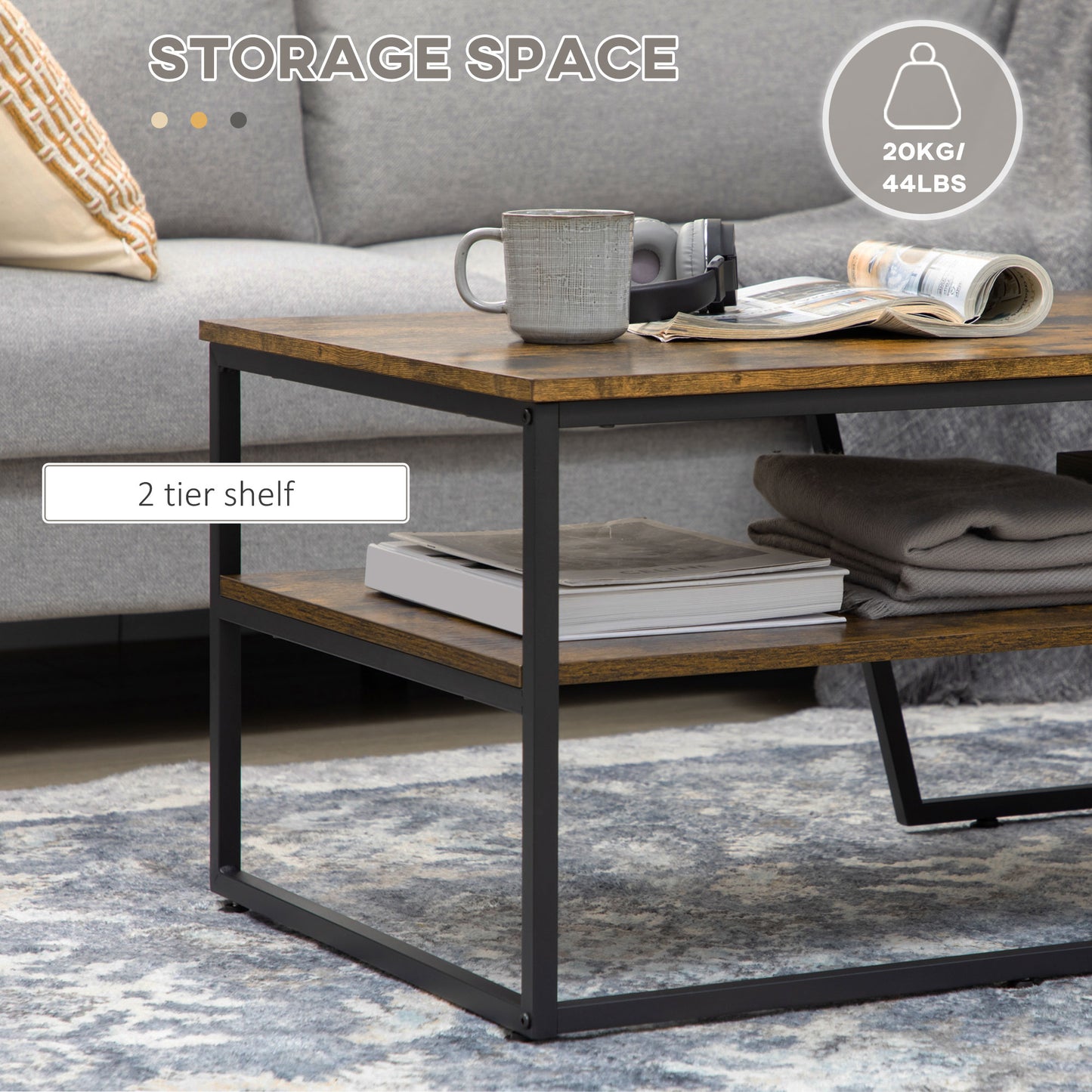 Coffee Table with Storage Shelf, Center Table with Steel Frame and Adjustable Foot Pads for Living Room, Rustic Brown Coffee Tables   at Gallery Canada