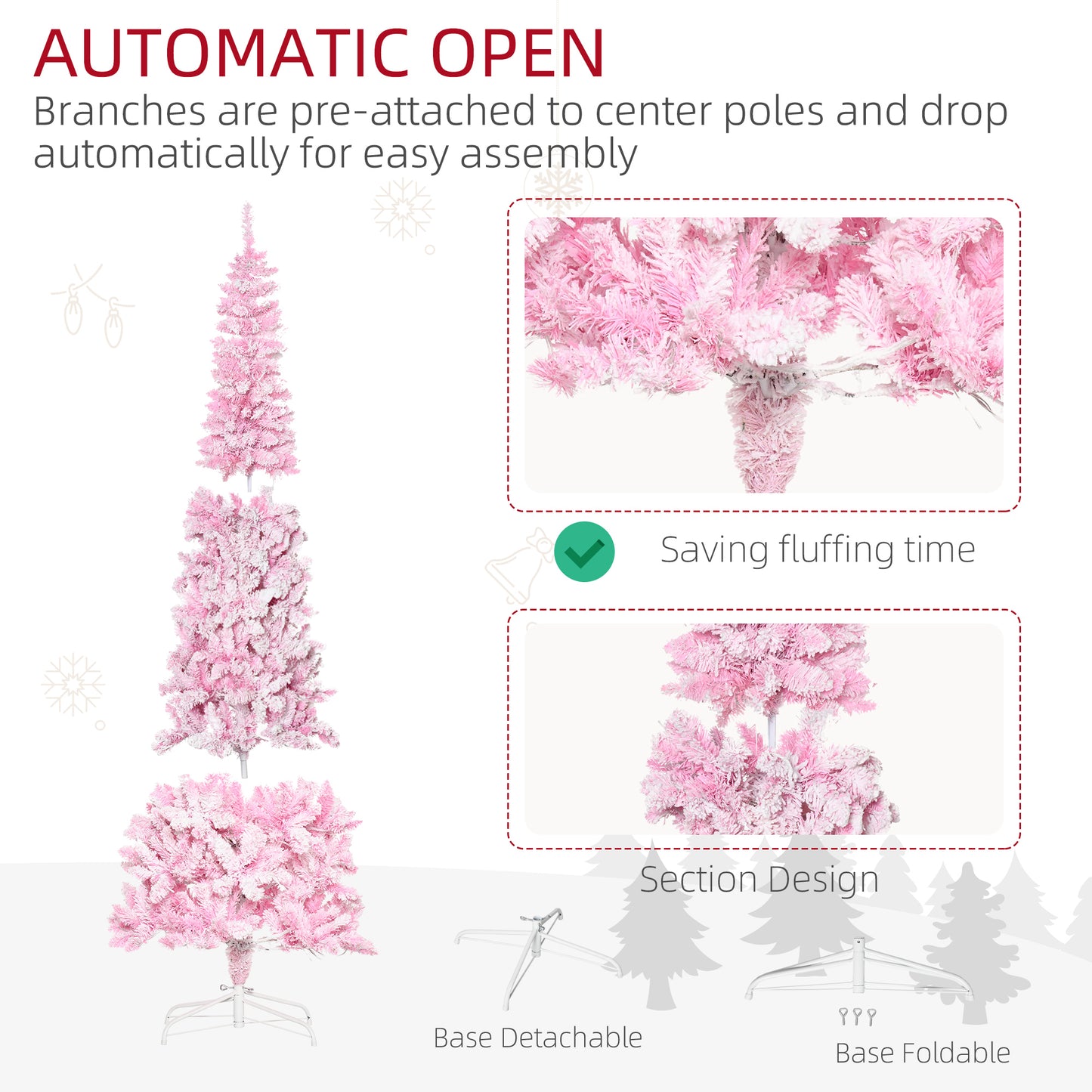 Prelit 7.5 Ft Snow Flocked Pencil Christmas Tree, 700 Branches, LED Lights, Pink Pre Lit Christmas Trees   at Gallery Canada