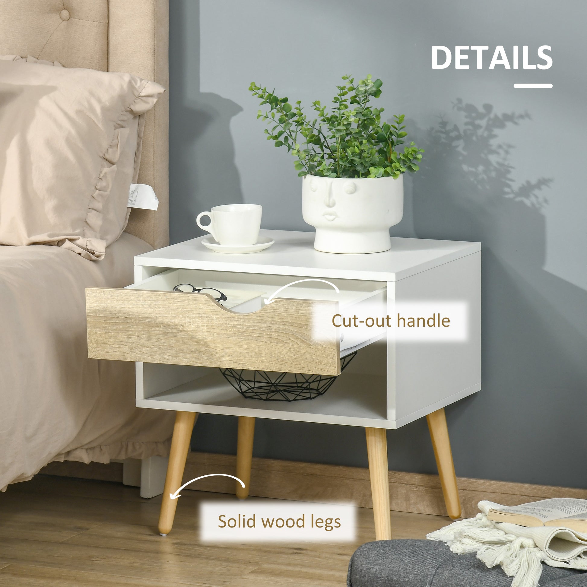 Set of 2 Bedside Table with Drawer and Shelf, Modern Nightstand, End Table for Bedroom Bedside Tables   at Gallery Canada