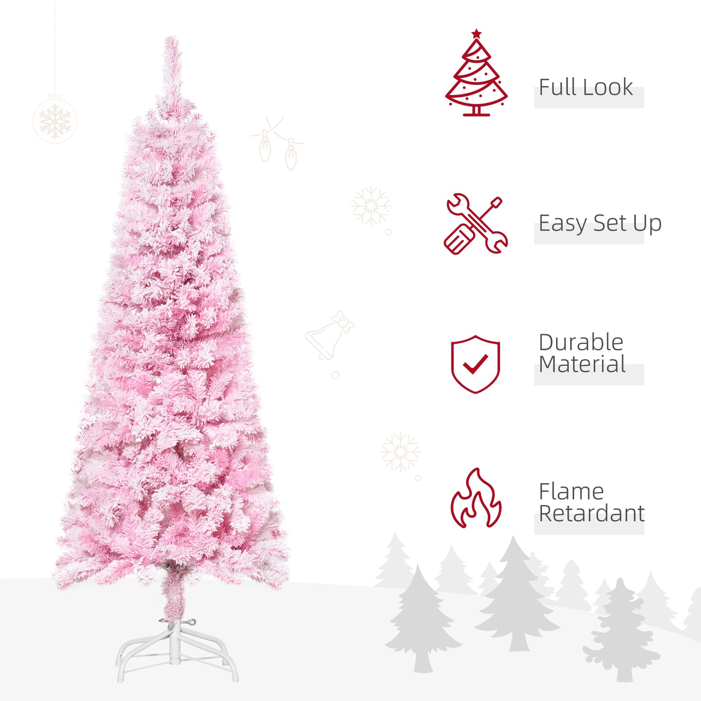 5 FT Snow Flocked Artificial Christmas Tree, Pencil Xmas Tree with Realistic Branches, Auto Open and Steel Base, Pink Artificial Christmas Trees   at Gallery Canada