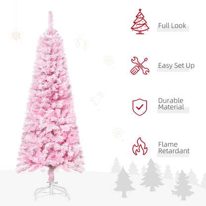 5 FT Snow Flocked Artificial Christmas Tree, Pencil Xmas Tree with Realistic Branches, Auto Open and Steel Base, Pink Artificial Christmas Trees   at Gallery Canada