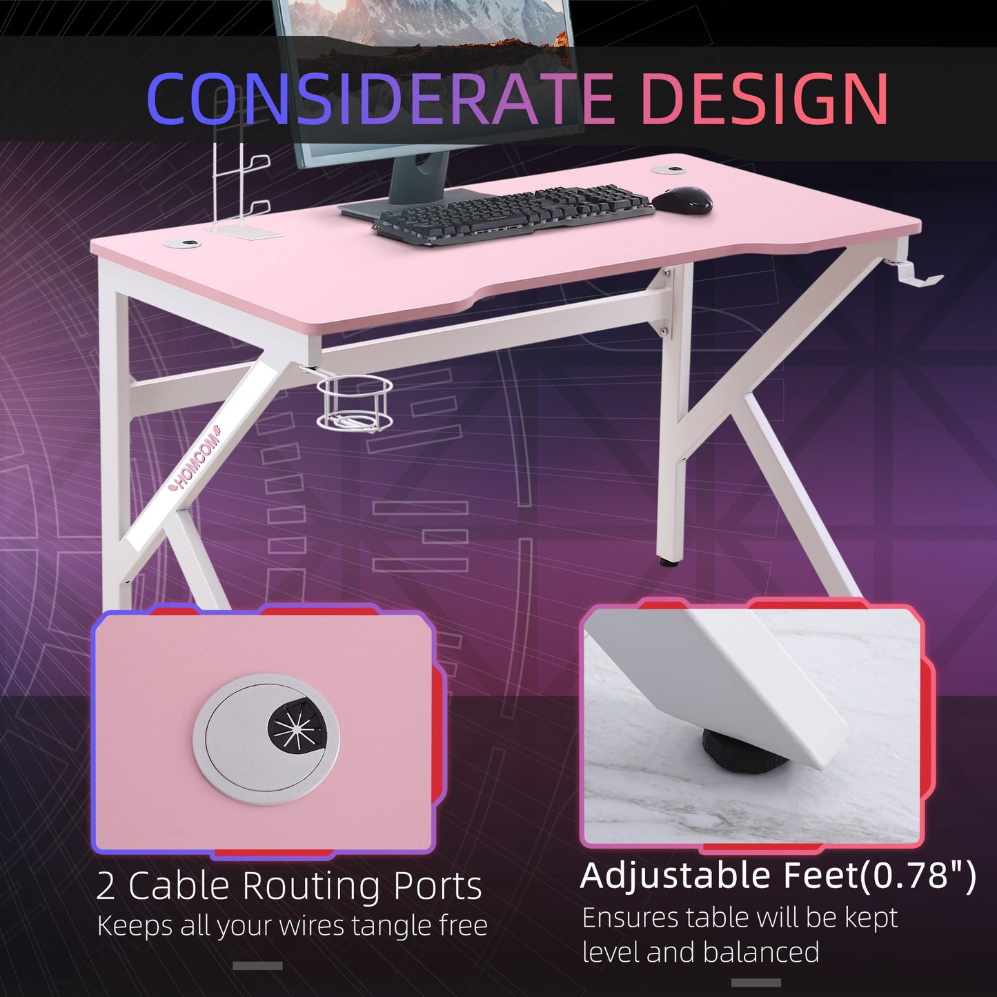 47 inch Gaming Desk, Racing Style Computer Table, Home Office Workstation with Rotatable Cup Holder, Headphone Hook, Gamepad Stand, Wire Port, Pink Gaming Desks   at Gallery Canada