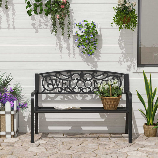 50" 2-Seater Garden Bench, Patio Decorative Chair Metal Backyard Loveseat Outdoor Furniture for Yard, Lawn, Porch, Black - Gallery Canada