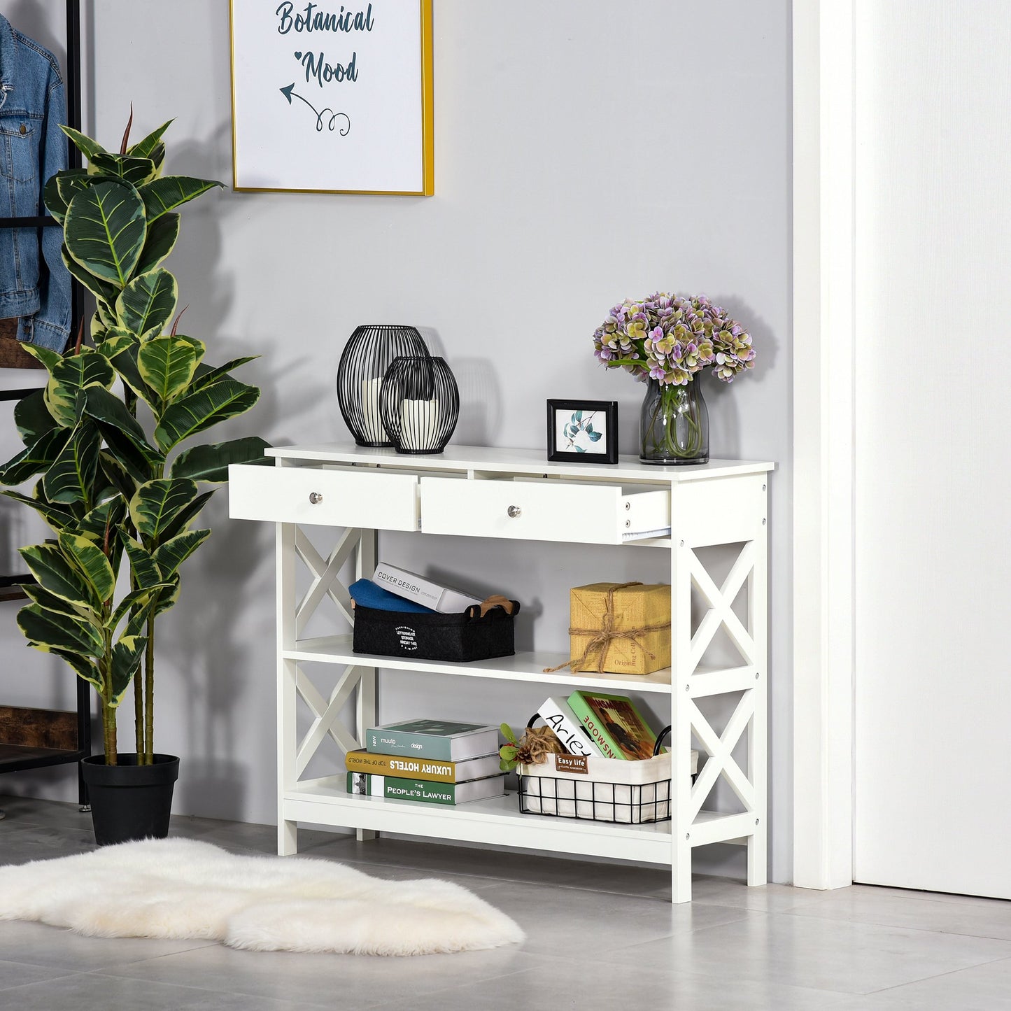 Console Table Sofa Side Desk with Storage Shelves Drawers X Frame for Living Room Entryway White Console Tables   at Gallery Canada