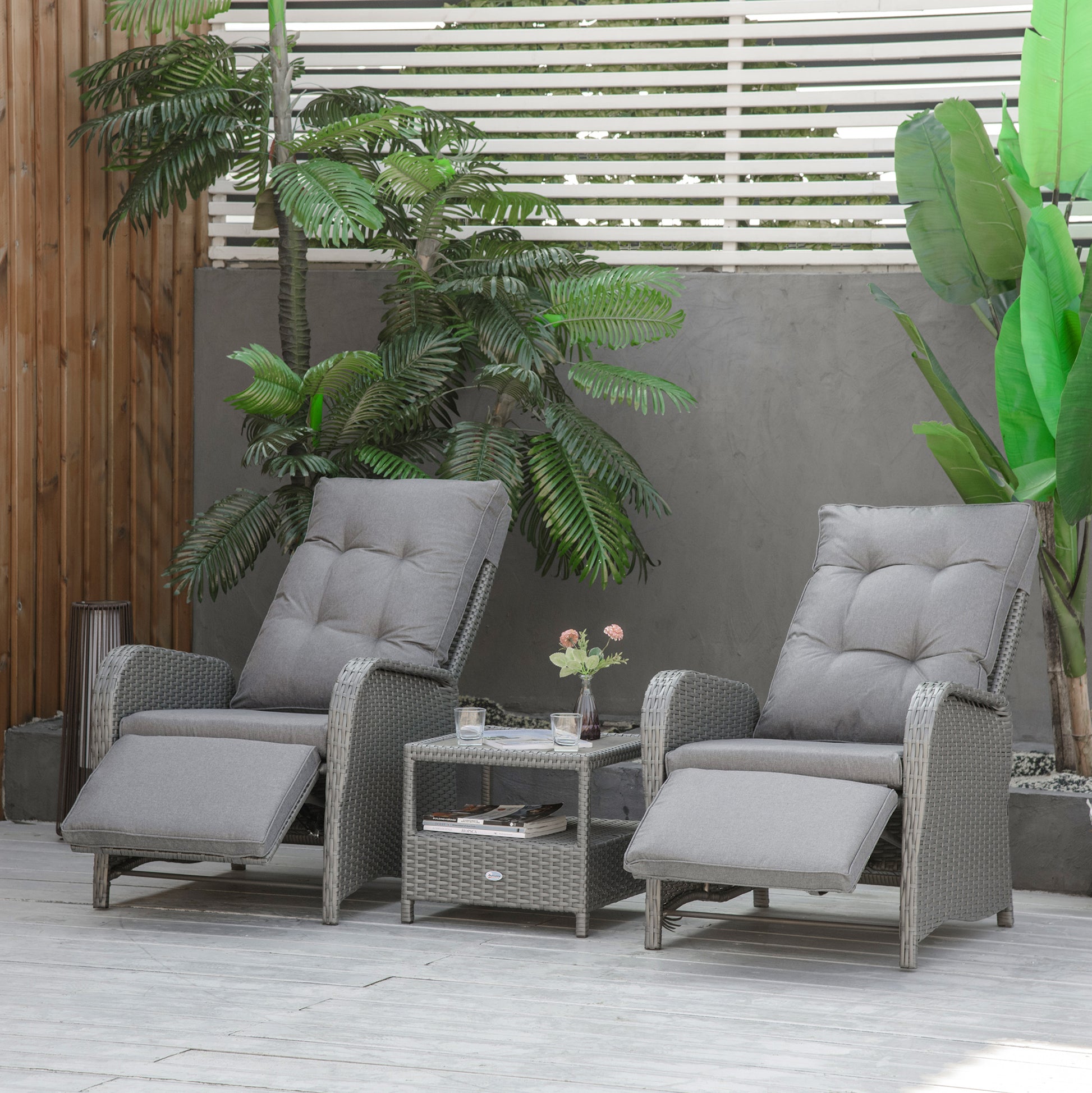 3 Pieces Patio Wicker Bistro Set, PE Rattan Coffee Table &; Adjustable Recline Chairs Furniture Set with Cushions and Wood Grain Plastic Top, Grey Bistro Sets   at Gallery Canada