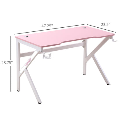 47 inch Gaming Desk, Racing Style Computer Table, Home Office Workstation with Rotatable Cup Holder, Headphone Hook, Gamepad Stand, Wire Port, Pink Gaming Desks   at Gallery Canada