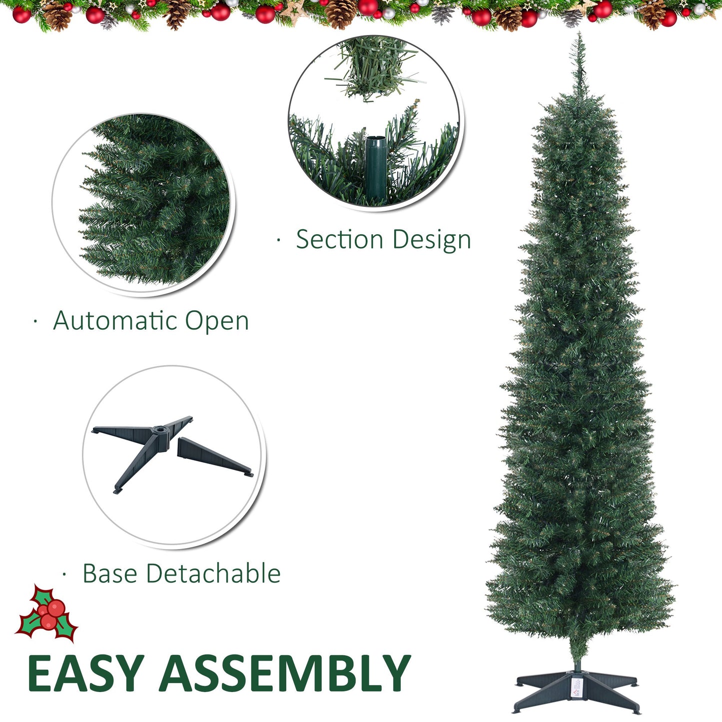 6' Pre Lit Artificial Pencil Christmas Trees, Xmas Tree with Realistic Branches and Warm White LED Lights, Green - Gallery Canada