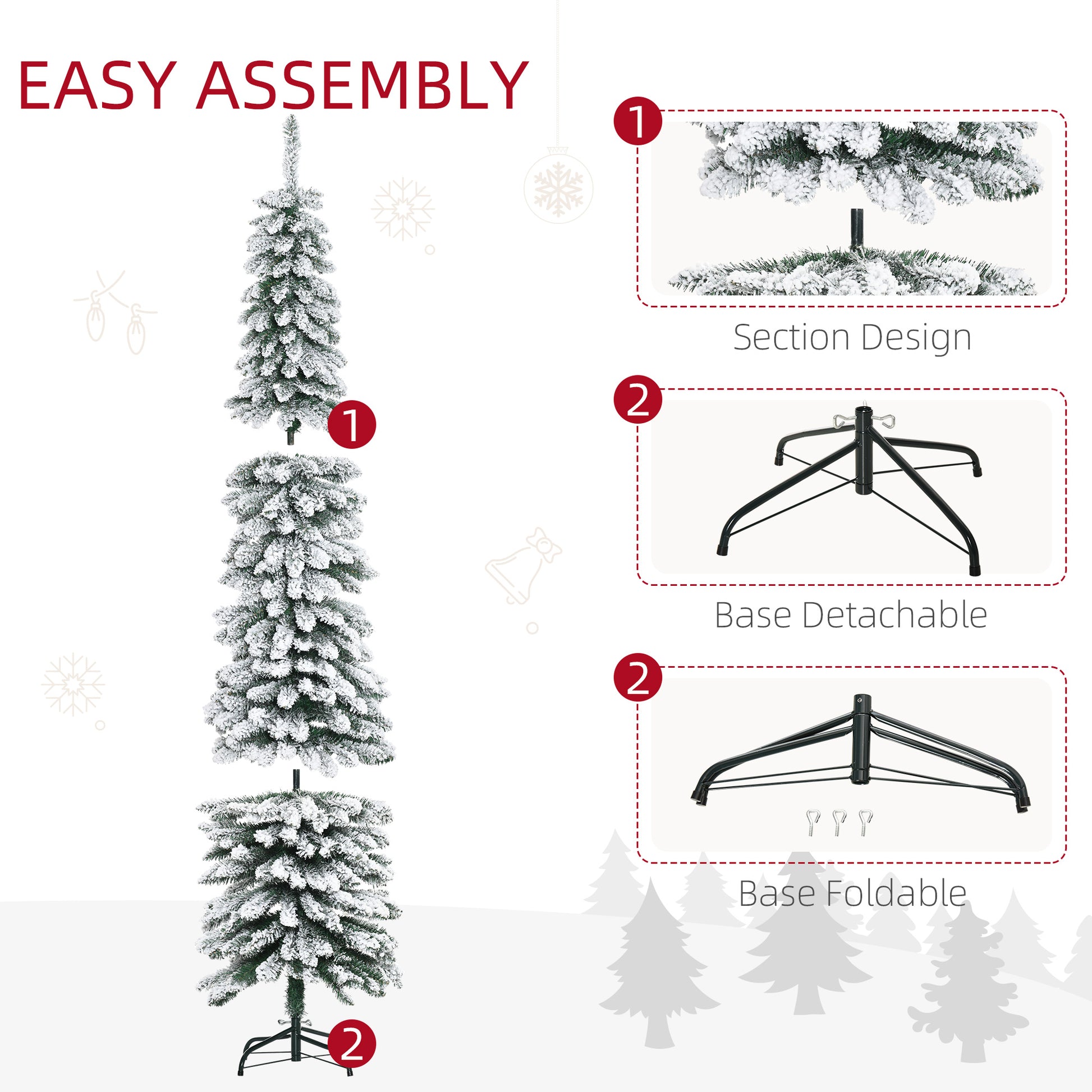 7ft Snow-Flocked Artificial Christmas Tree, Slim Pencil Xmas Tree with 490 Realistic Branches, Metal Base, Green Pencil Christmas Trees   at Gallery Canada