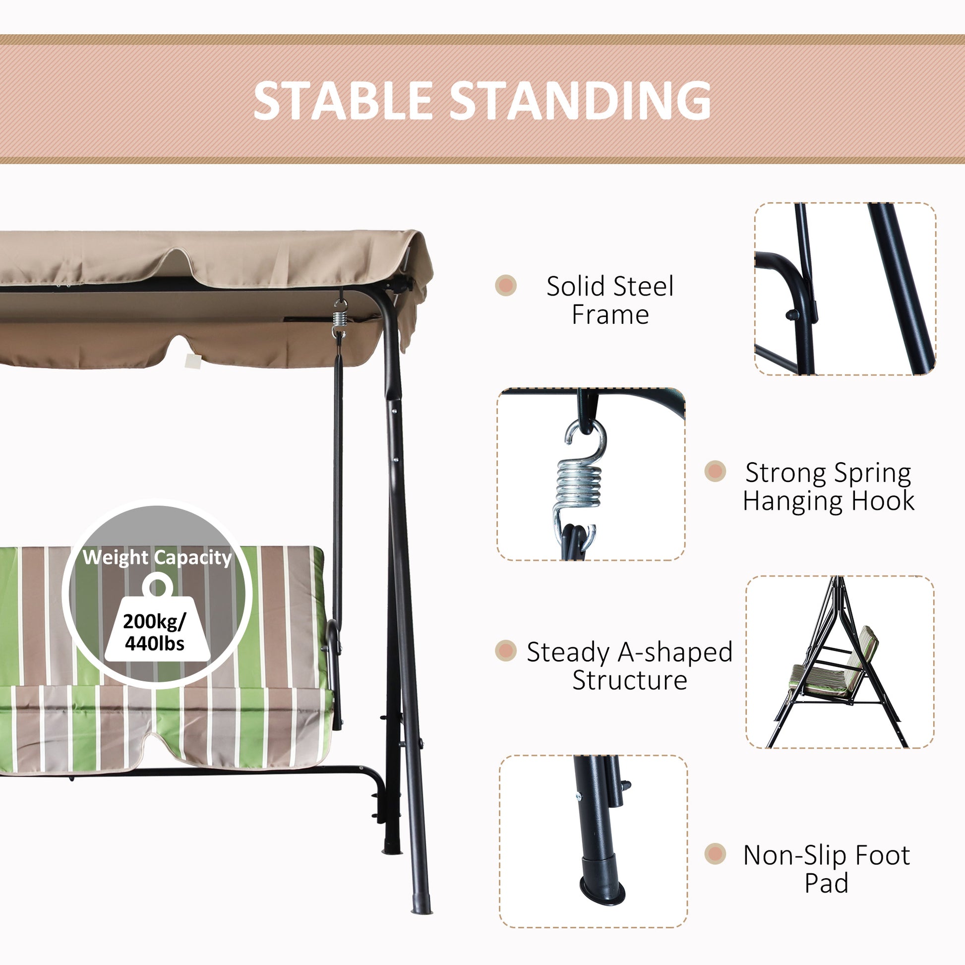 3-Seat Outdoor Swing Chair with Adjustable Canopy, Removable Cushion, Weather-Resistant Frame, Green Stripes Patio Swings with Stand   at Gallery Canada