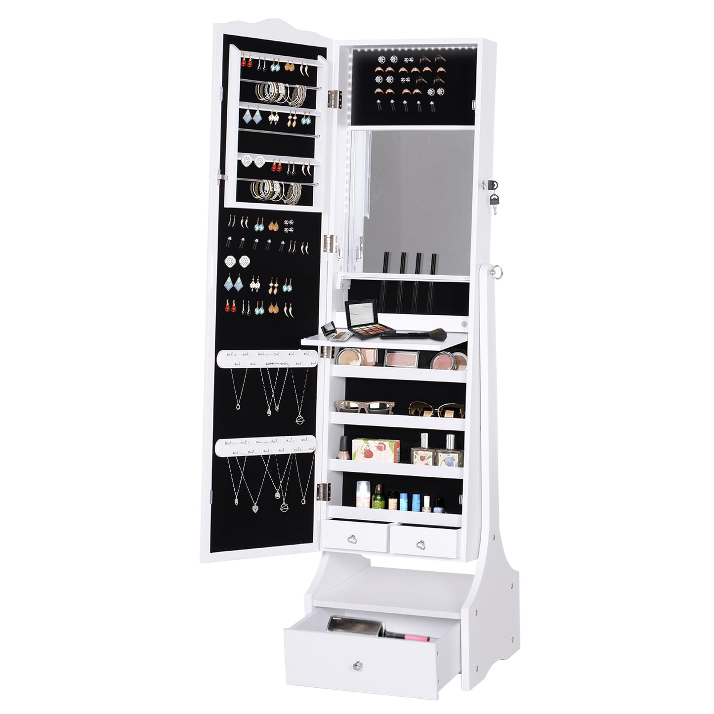 Standing Jewelry Cabinet Organizer Jewelry Armoire with LED Lights, Full Length Mirror, Adjustable Angle, White Jewelry Armoire & Jewellery Mirror Cabinets   at Gallery Canada