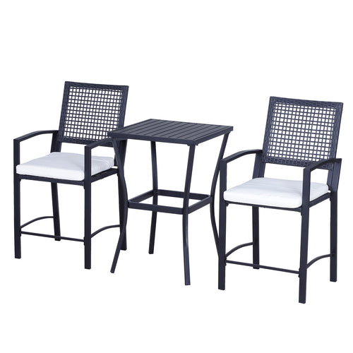 3 Pieces Outdoor Wicker Bar Set, Classic Bistro Bar Set Garden Rattan Style Patio Bar Table &; High Chairs w/ Cushions Home Bar Furniture Cream White