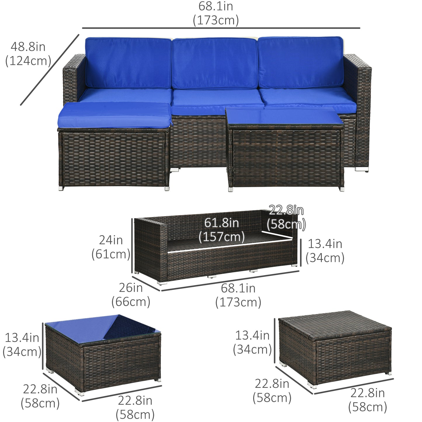 Outdoor PE Rattan Wicker 3-Piece Patio Sofa Set with Cushions and Table, Blue Patio Furniture Sets   at Gallery Canada