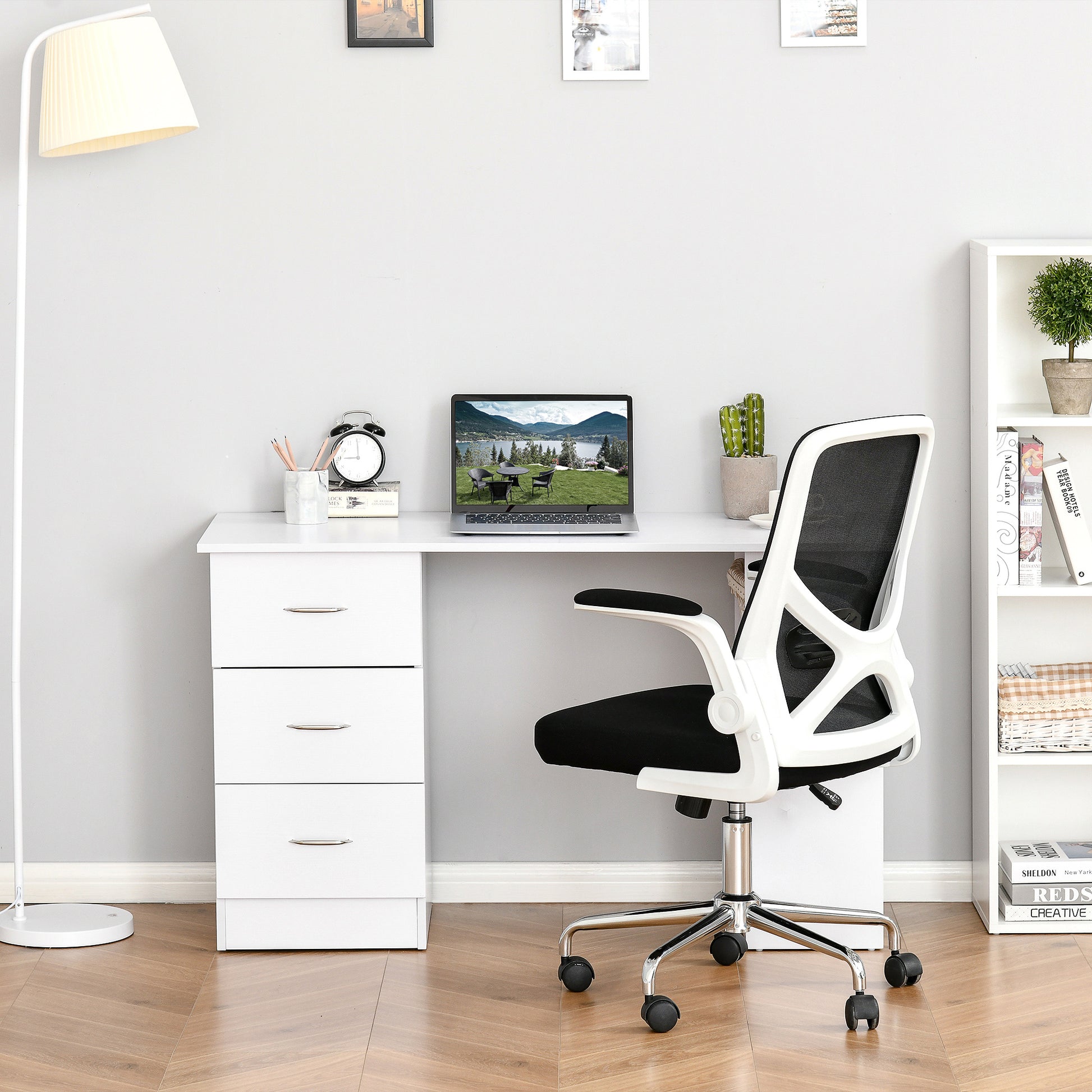 Computer Writing Desk Study Table Student Workstation w/ 3 Shelf &; 3 Storage Drawers Home Office Furniture White Writing Desks   at Gallery Canada